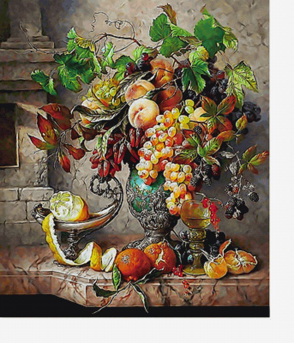 Натюрморт - фрукты, персики, ваза, виноград - предпросмотр