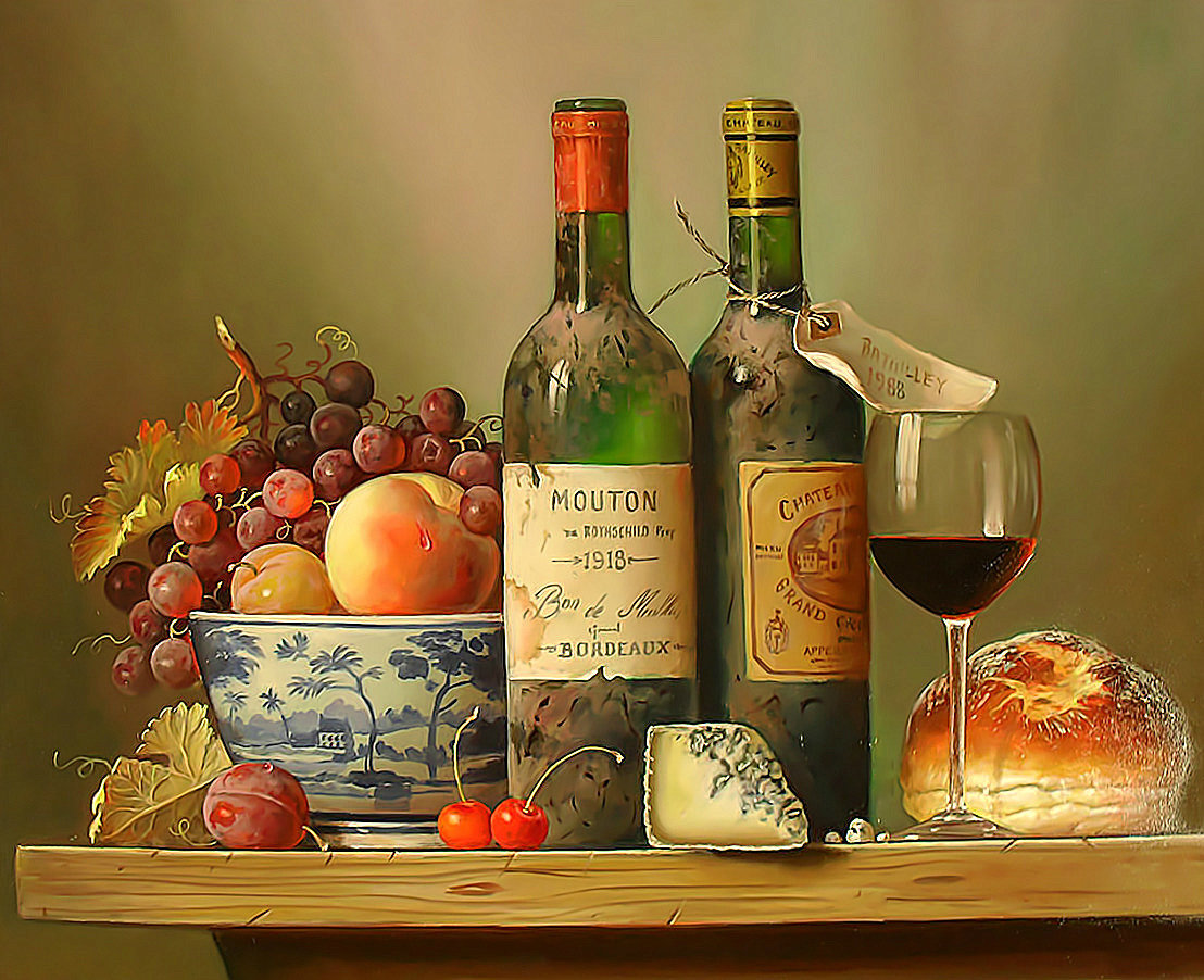 Натюрморт с вином. - бокал, ягоды, виноград, натюрморт, вино, бутылка, фрукты - оригинал