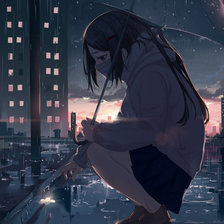 девочка из аниме с зонтом в маске дождь с цветком