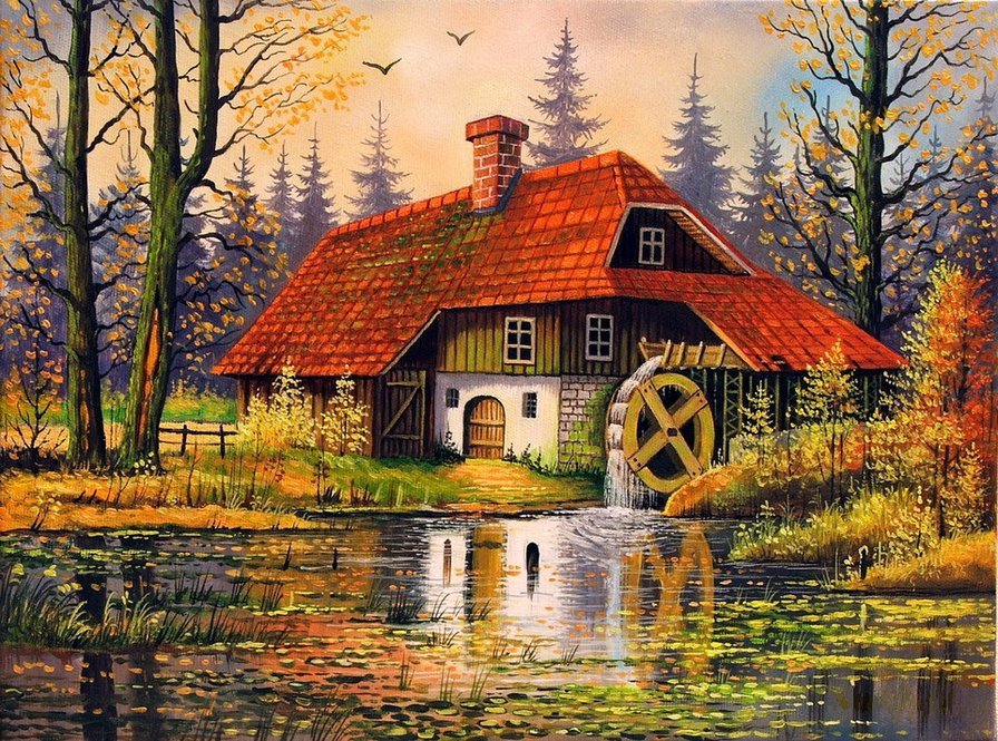 Осенняя тишина - деревья, осень, речка. мельница, желтые листья, домик - оригинал