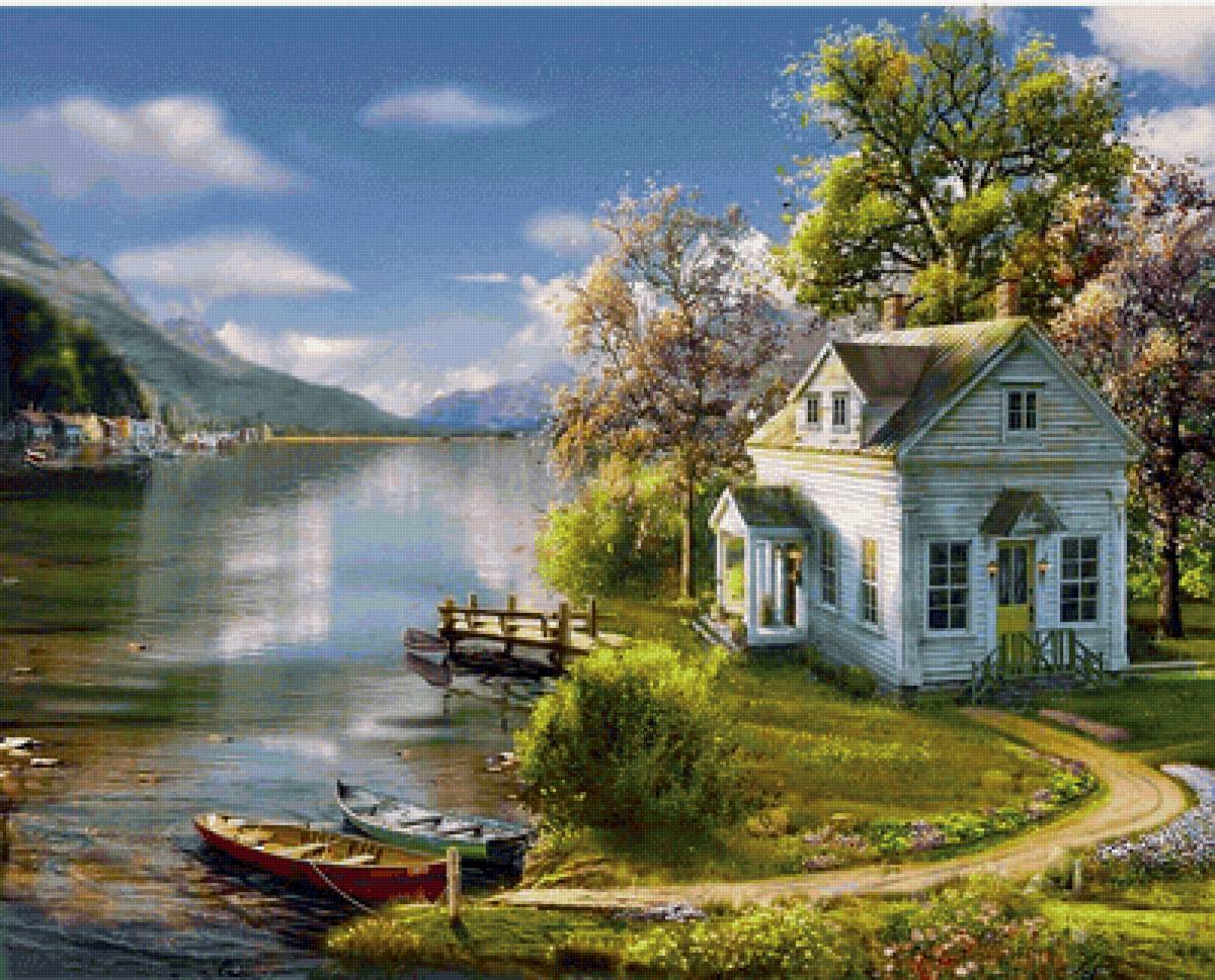 Casa  do lago de pesca. - barcos, lago, casa - предпросмотр