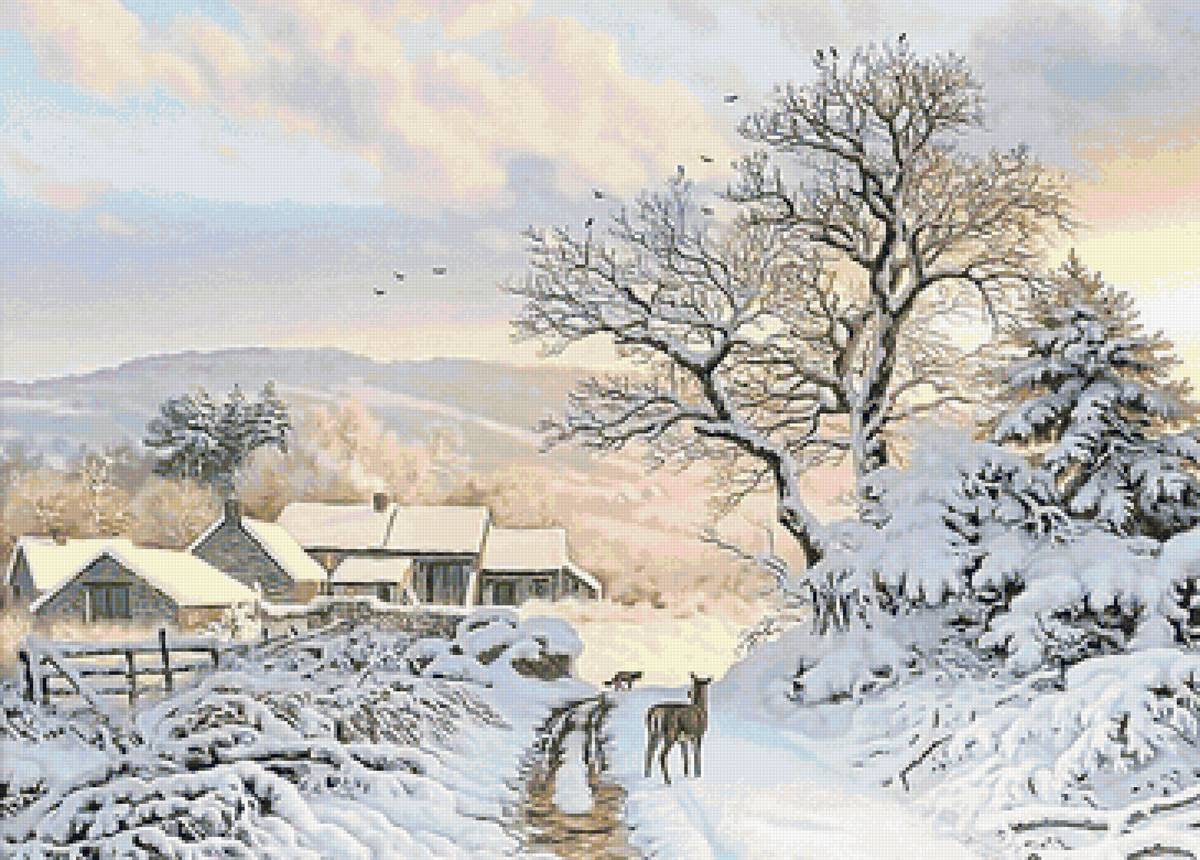 Зимние гости - олень, пейзаж, снег, зима - предпросмотр