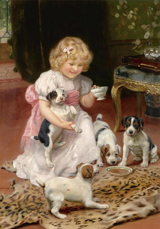 Девочка со щенками - ретро, ребенок, винтаж, девочка, портрет, дети, собаки, щенки - оригинал