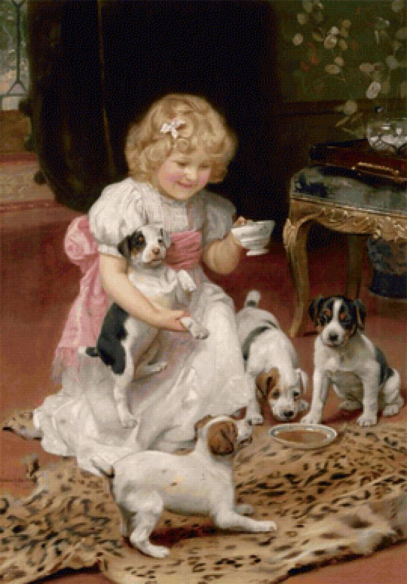 Девочка со щенками - портрет, девочка, щенки, ребенок, винтаж, ретро, собаки, дети - предпросмотр