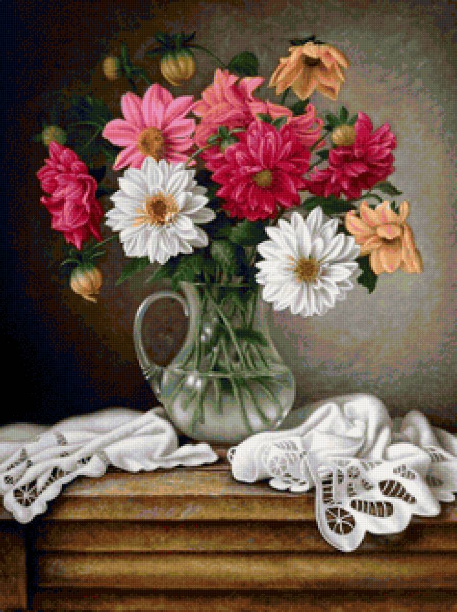 Георгины - цветы, букет, ваза, натюрморт - предпросмотр