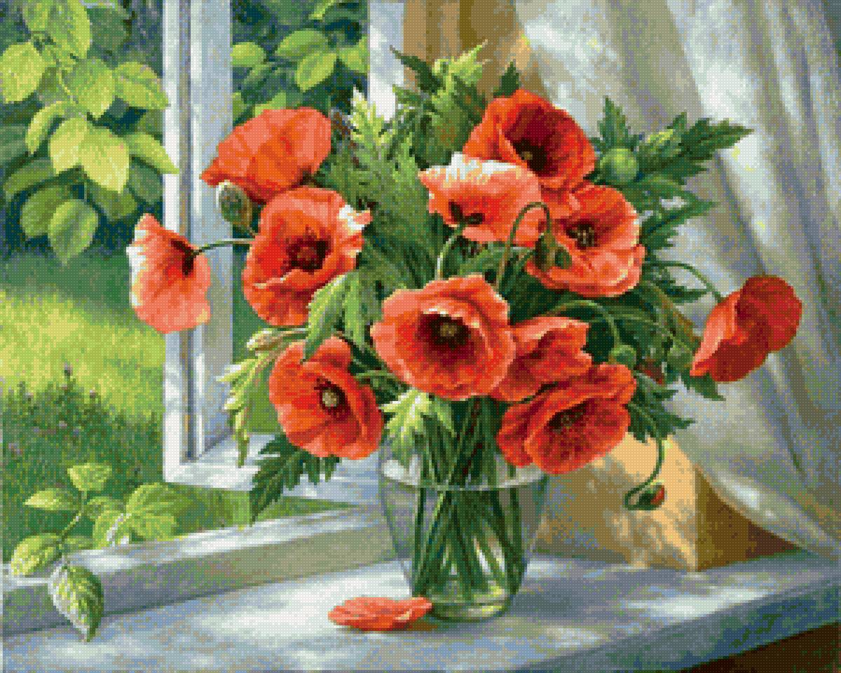 Худ. Сатаров Михаил - натюрморт, букет, цветы, маки, окно, лето - предпросмотр