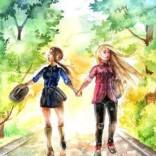 На прогулке. Акварель