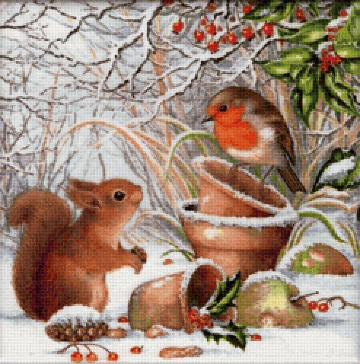 Друзья - белка, друзья, лес, птичка, зима - предпросмотр