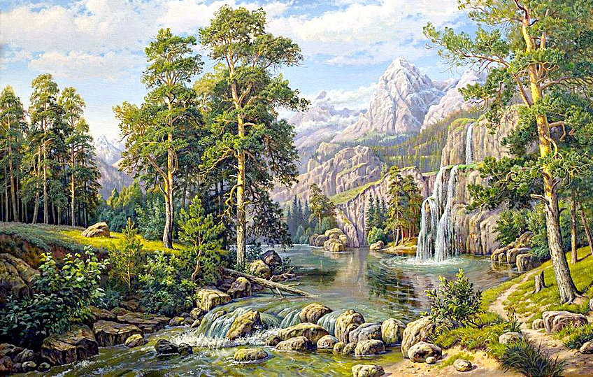 горная река - вода, пейзаж., река, горы, лес - оригинал