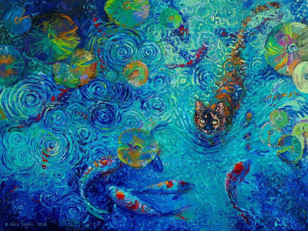 Кошка в воде с рыбками - рыбки, кошка, кувшинки - оригинал