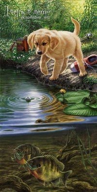 РЫБАК - пейзаж, рыбки, щенок - оригинал