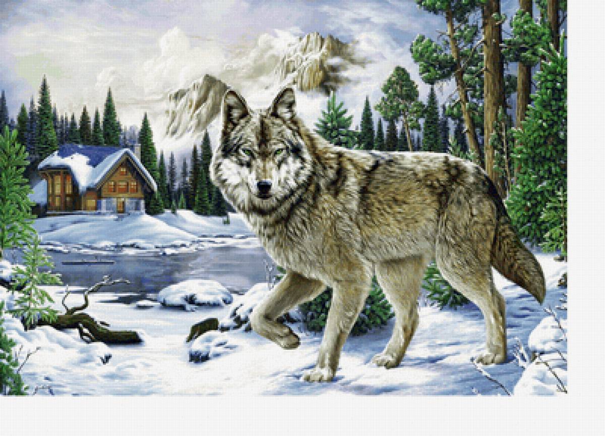 Волк - домик, зимний пейзаж, лес, река, снег, горы - предпросмотр