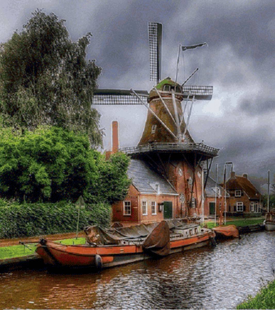 Moinho  de vento. - embarcações., moinhos, rio - предпросмотр