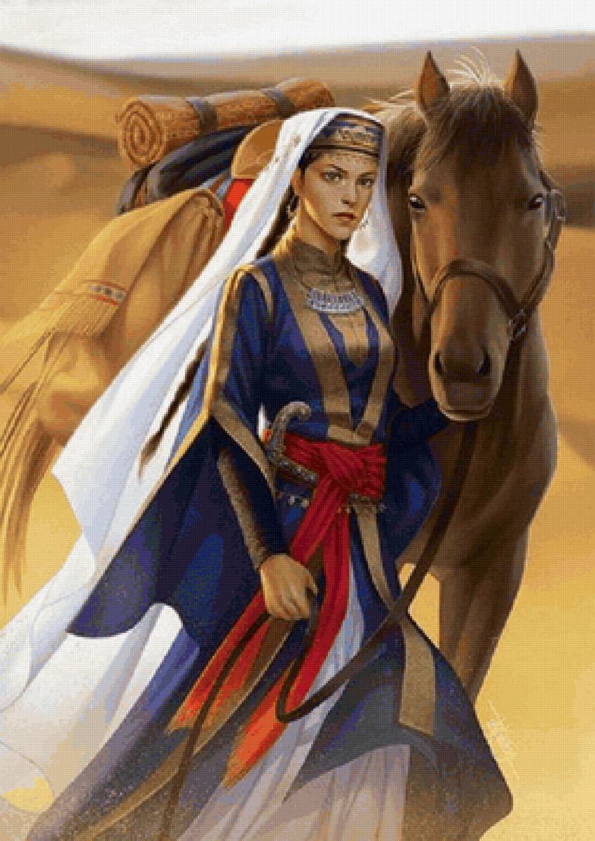 Mulher .nômade com seu cavalo. - menina, deserto, cavalo - предпросмотр