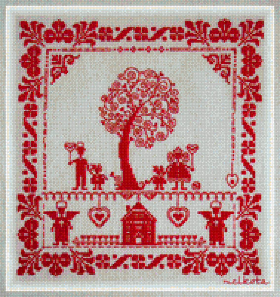 Дерево - монохром, красный, дерево, дети, семья - предпросмотр