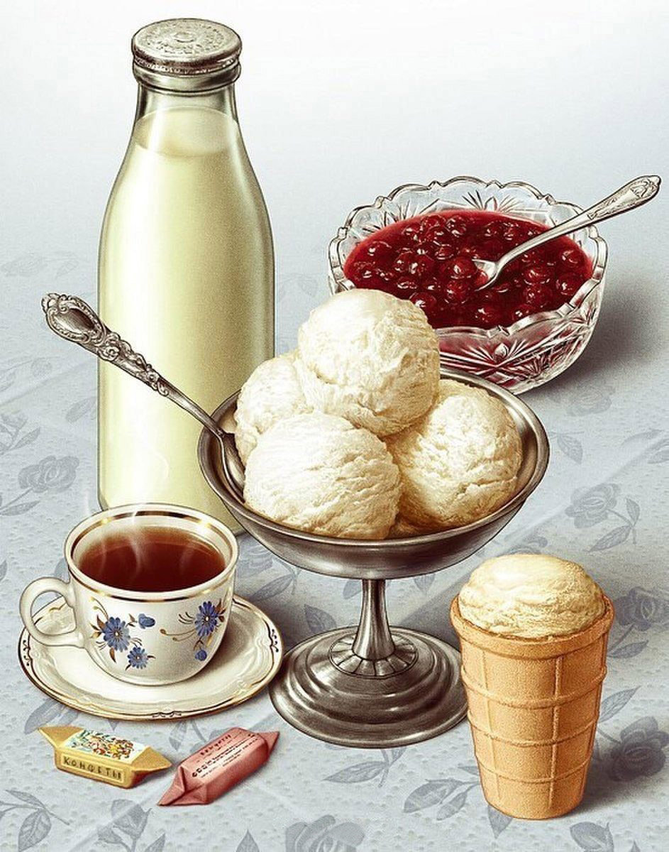 Советский натюрморт - кофе, молоко, чай, варенье, мороженное - оригинал
