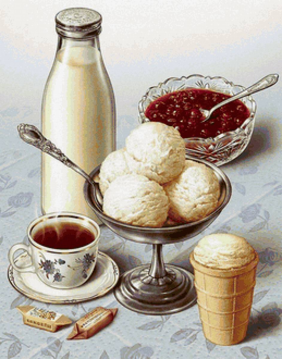 Советский натюрморт - кофе, чай, молоко, варенье, мороженное - предпросмотр