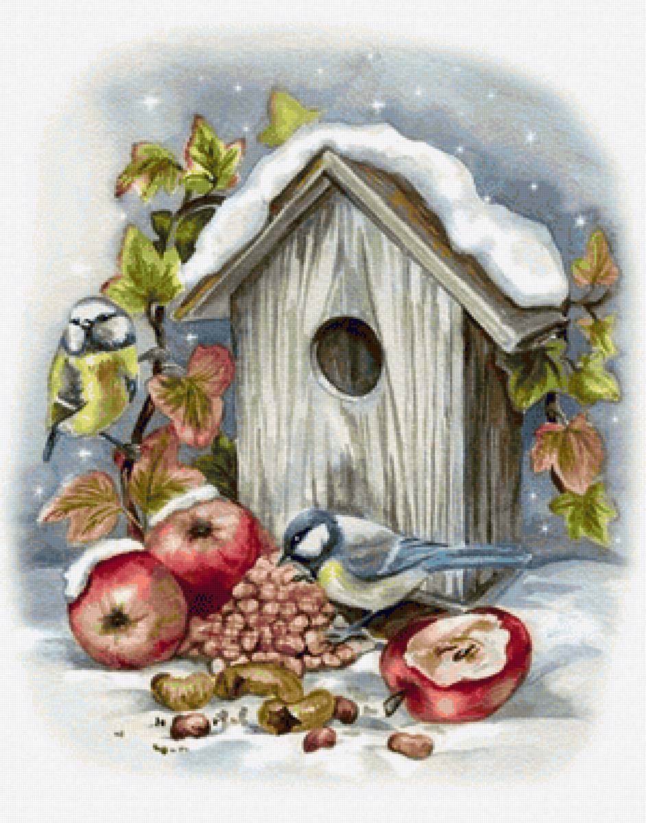 природа - снег, птицы, яблоки - предпросмотр
