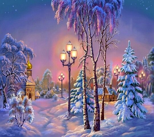 Luzes em noite de inverno. - neve, paisagem, casas. - оригинал