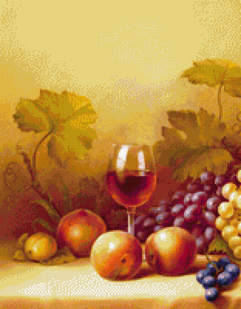 натюрморт - виноград, вино, персик - предпросмотр