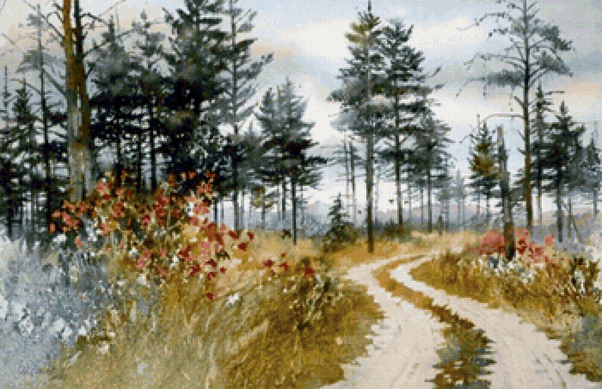 Пейзаж. Акварель Ниты Энгл - дорога, акварель, пейзаж, лес - предпросмотр