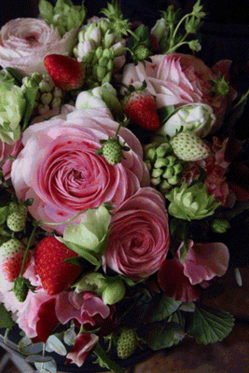 Букет с ягодами - цветы, ягоды, крестом, вышивка - предпросмотр