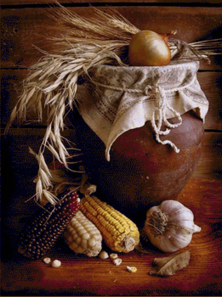 ДЕРЕВЕНСКИЙ НАТЮРМОРТ С КУКУРУЗОЙ И ЧЕСНОКОМ - натюрморт - предпросмотр
