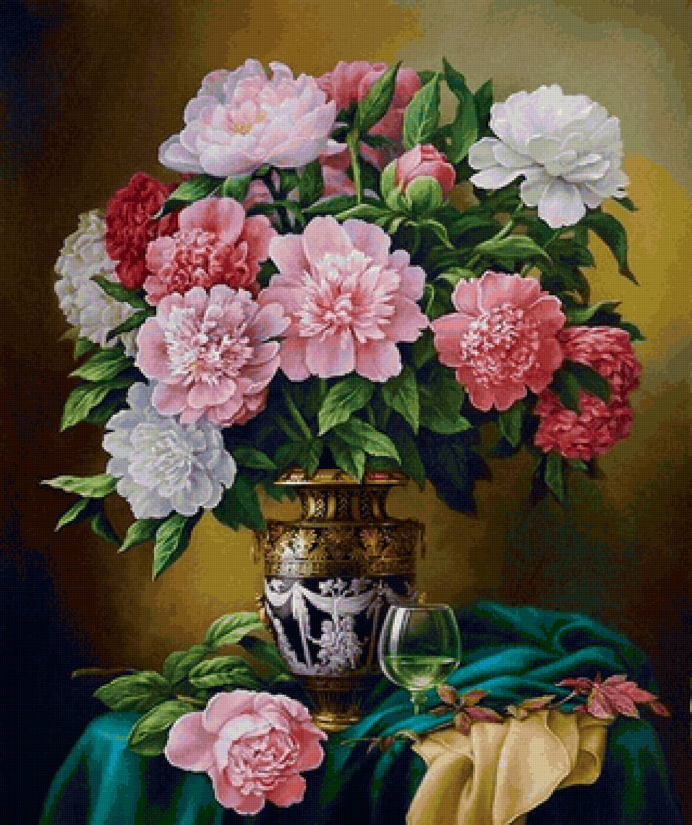 Boque de flores. - mesa., vazo, peônias - предпросмотр