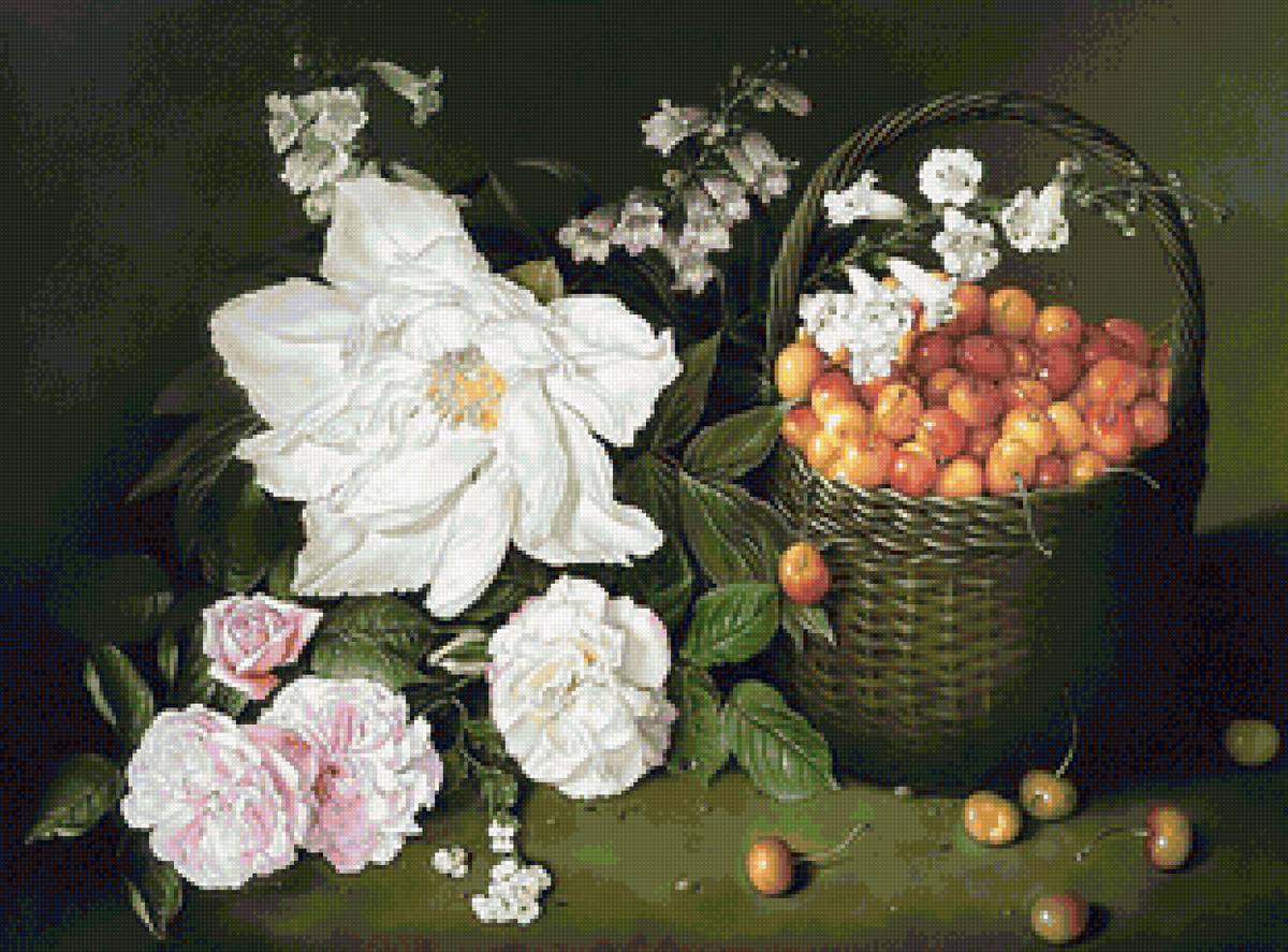 №2216140 - натюрморт, цветы, корзина, черешня - предпросмотр