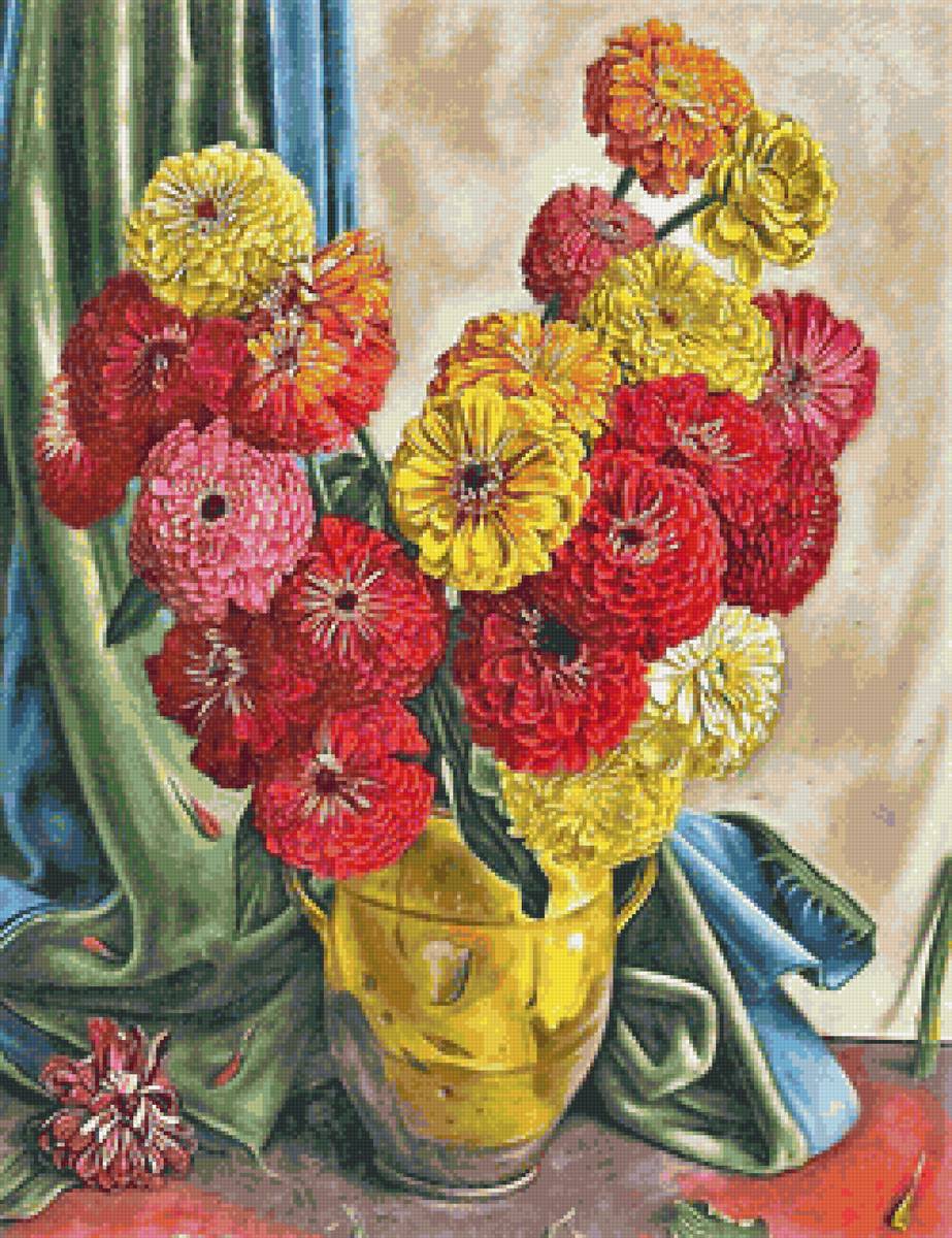 Цинии - букет, ваза, натюрморт, цветы - предпросмотр