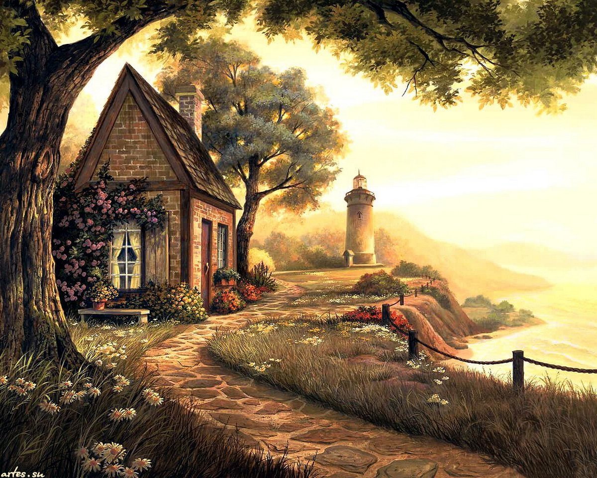 Дом у маяка - пейзаж, море, дом, маяк, берег, тропинка, природа - оригинал