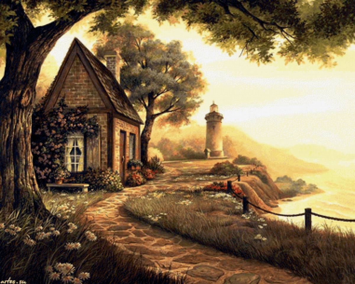 Дом у маяка - тропинка, пейзаж, дом, море, маяк, берег, природа - предпросмотр