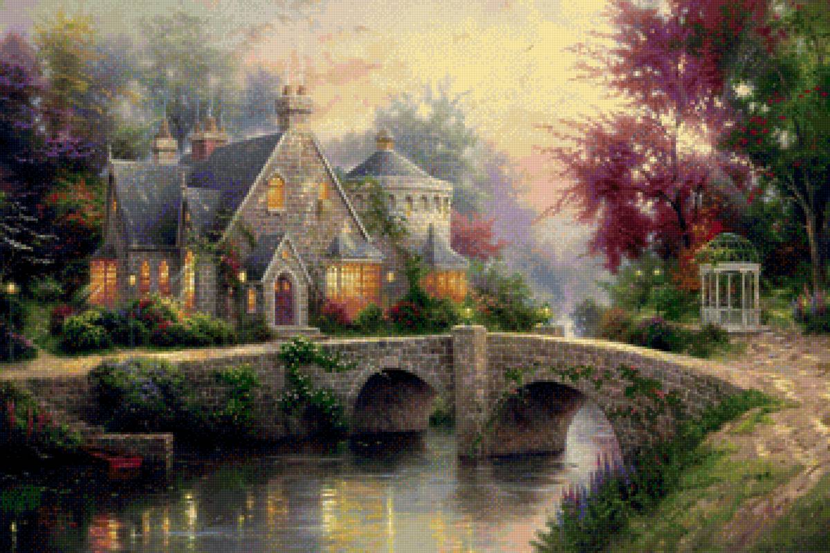 Домик у реки - река, мост, дом - предпросмотр