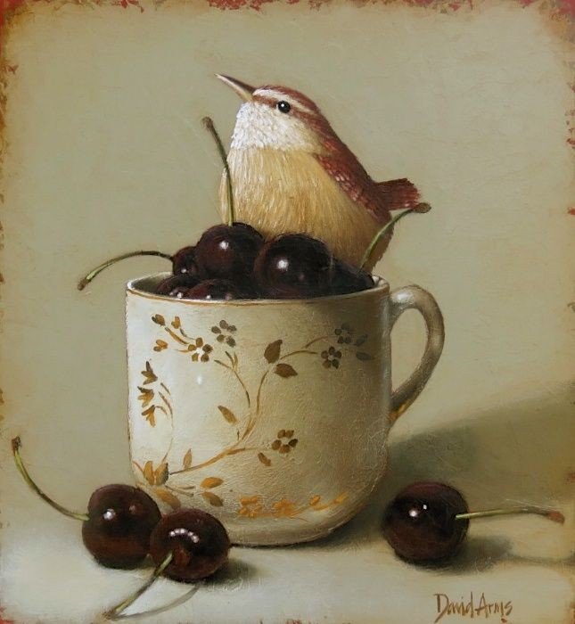 Птичка - кружка, кухня, птичка, натюрморт, картина, вишня - оригинал