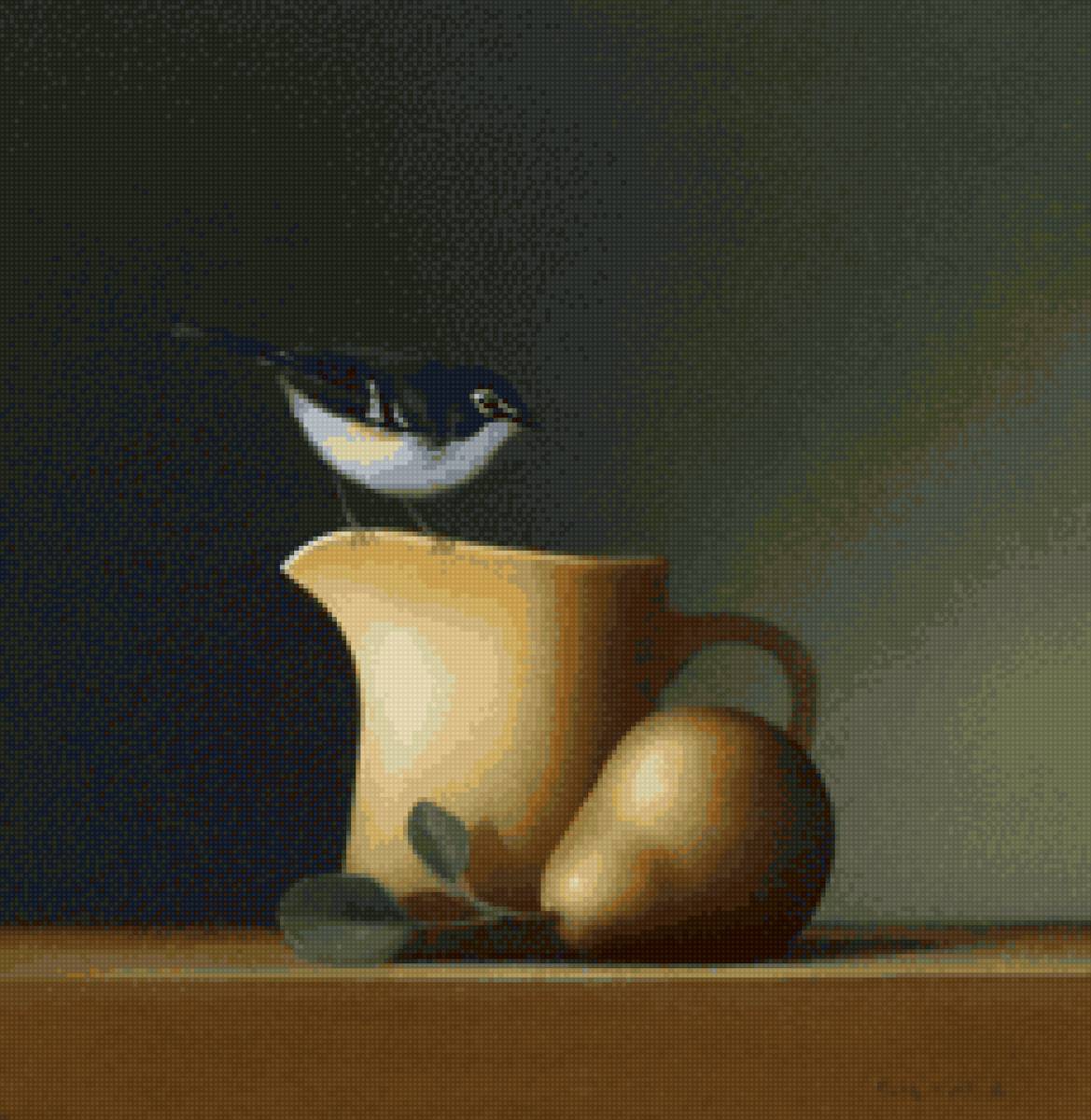 Птичка на кувшине - натюрморт, кувшин, фрукт, кухня, птица - предпросмотр