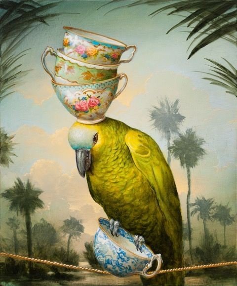 Попугай - чашки, птица, кухня, картина, природа, пальмы, попугай - оригинал
