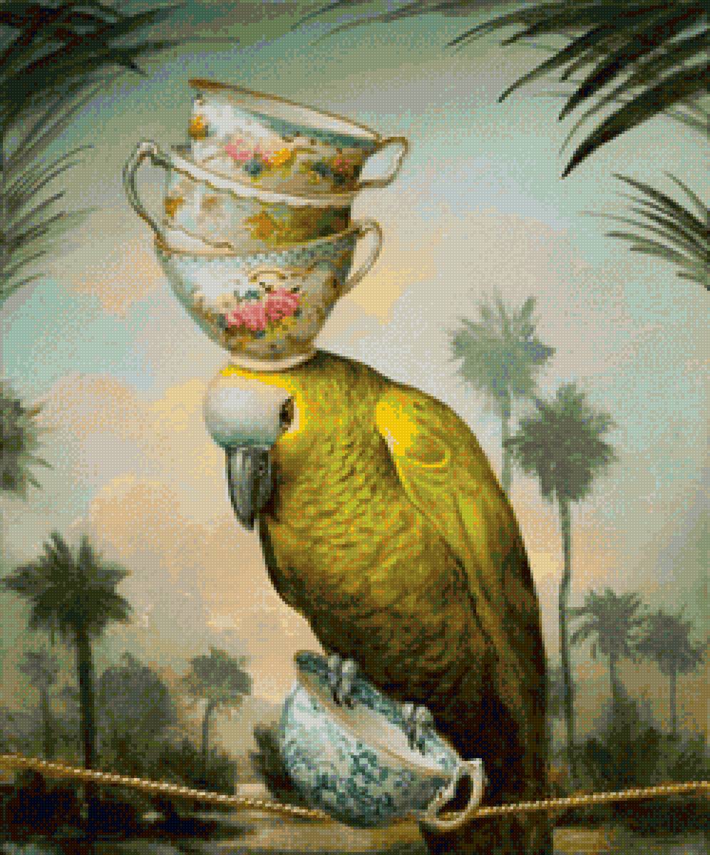 Попугай - птица, пальмы, картина, природа, чашки, кухня, попугай - предпросмотр