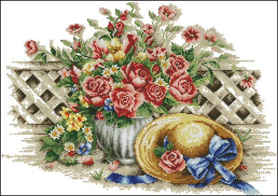 ШЛЯПА С ГОЛУБЫМ БАНТОМ - цветы - оригинал