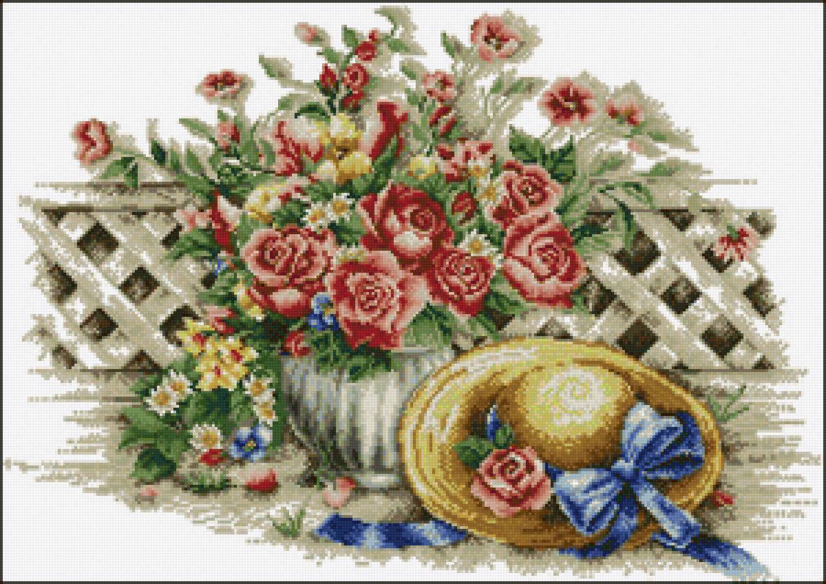 ШЛЯПА С ГОЛУБЫМ БАНТОМ - цветы - предпросмотр