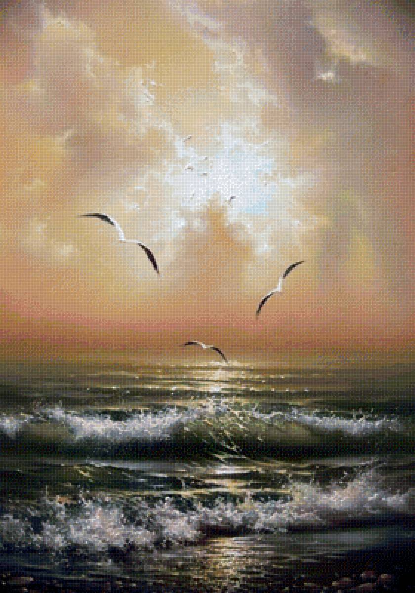 Море - чайки, море, природа, прибой, волны, картина, живопись - предпросмотр