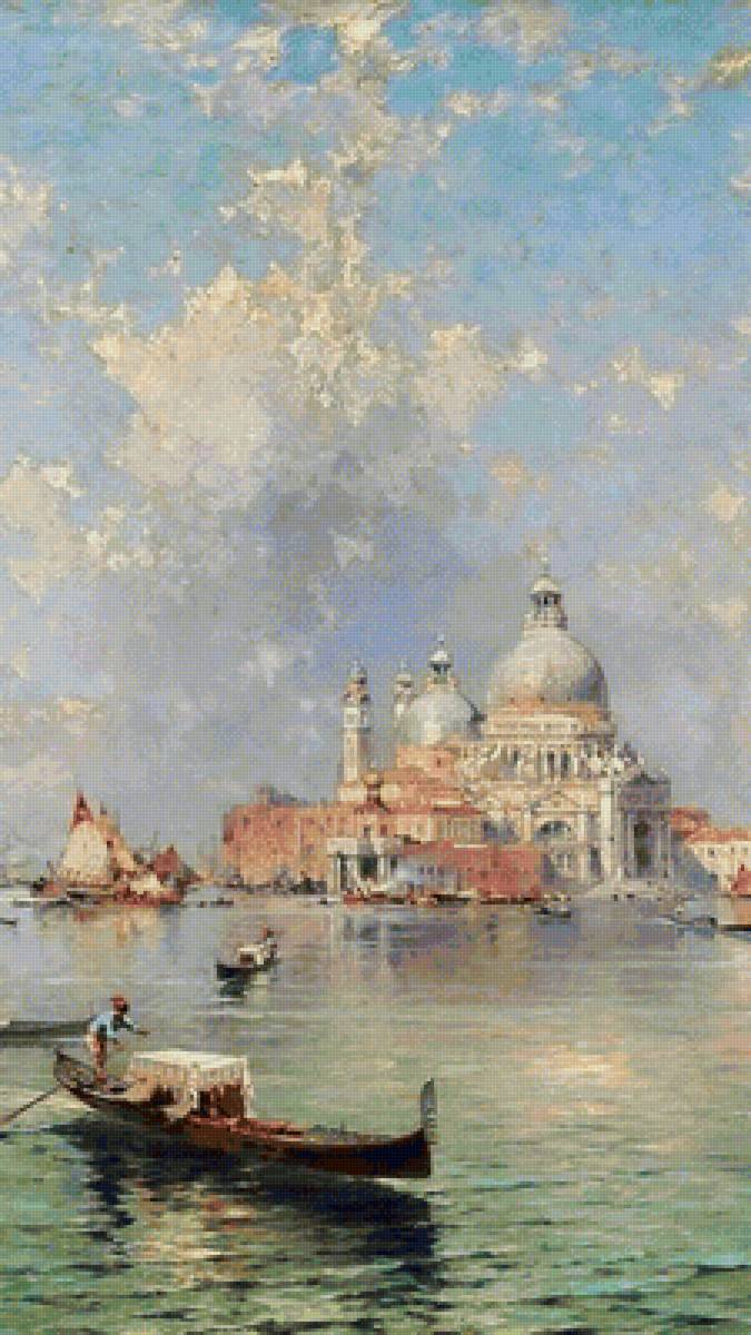 Венеция - живопись, венеция, италия, картина, город, лодка, вода, небо - предпросмотр