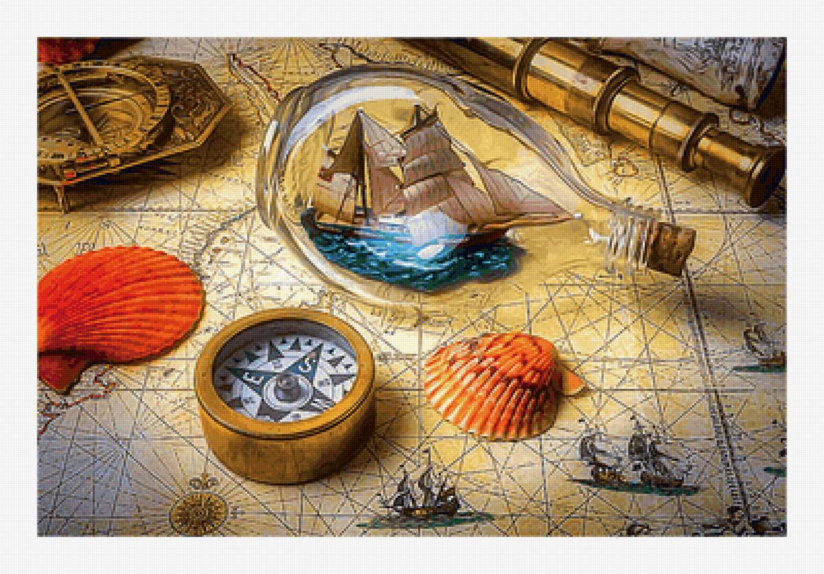 Морские мотивы - карта, корабль в бутылке, ракушки, компас - предпросмотр