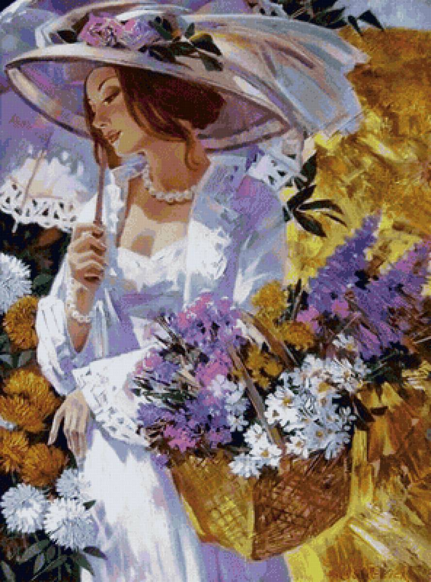 Полдень - живопись, цветы, природа, девушка, женщина, портрет - предпросмотр