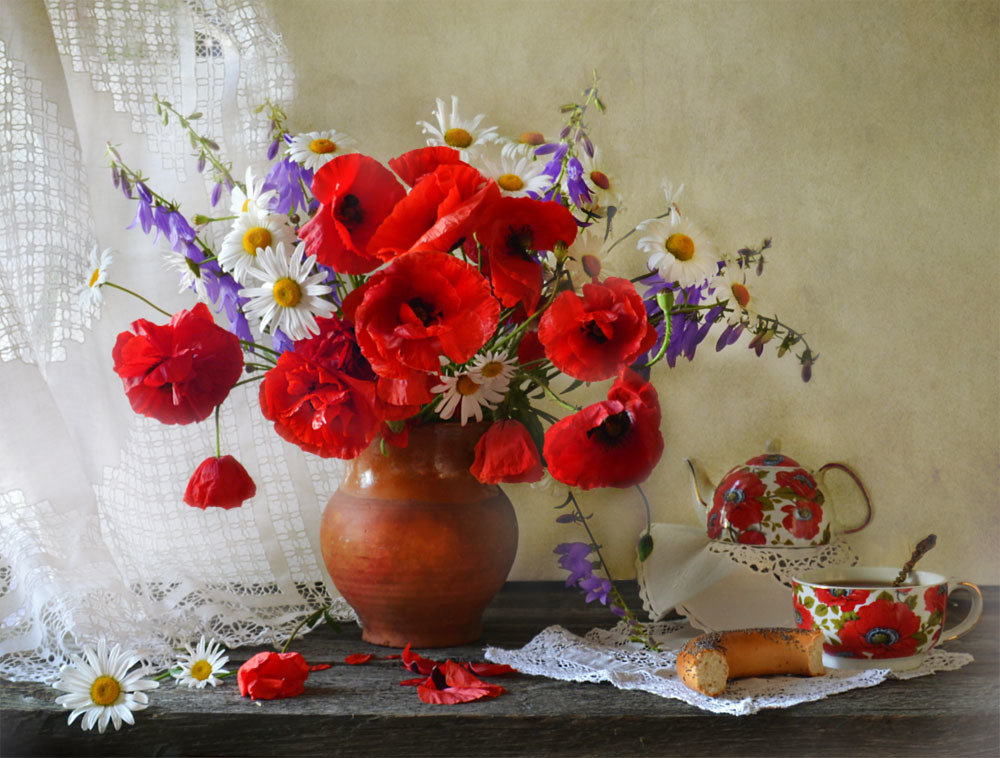 Натюрморт - натюрморт, цветы, чай - оригинал