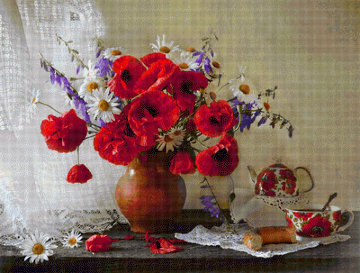 Натюрморт - натюрморт, цветы, чай - предпросмотр