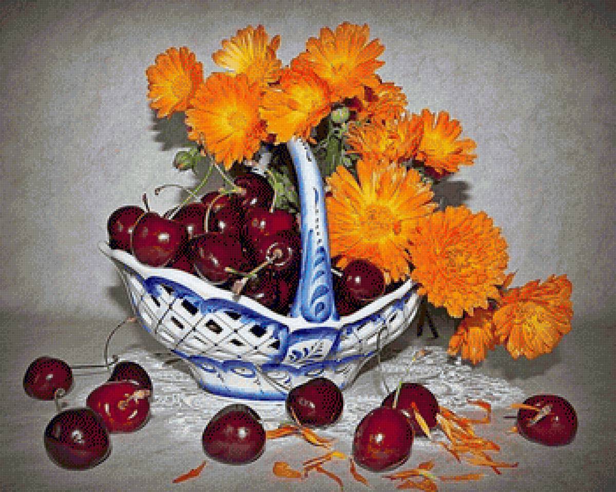 Натюрморт - цветы, вишня, натюрморт, ягоды - предпросмотр