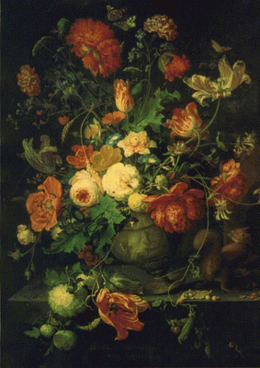 Цветы в вазе. Абрахам Миньон. - натюрморт, ваза, тюльпаны, розы, бабочки, белка - предпросмотр