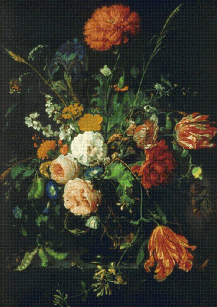 Цветы в вазе. Ян Давидс де Хам. - улитки, тюльпаны, розы, горох, бабочки - предпросмотр