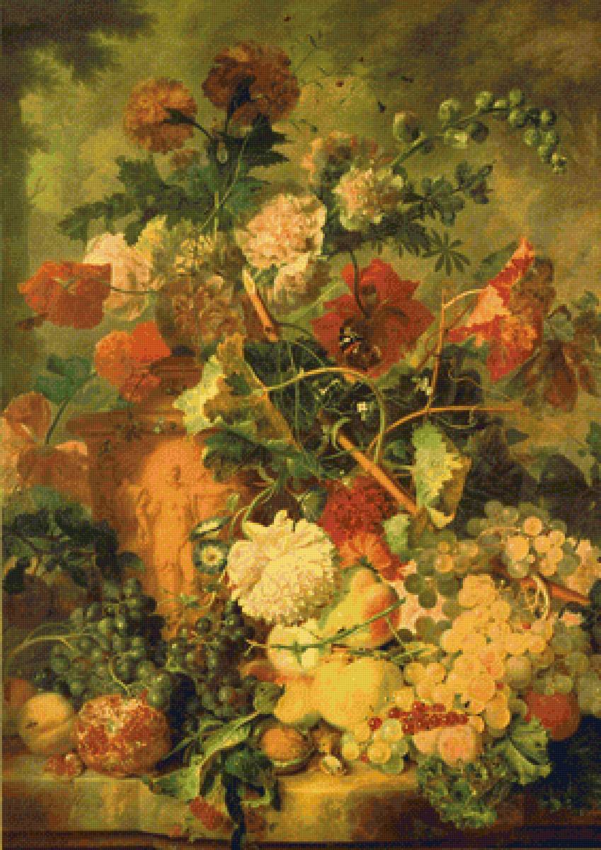 Цветы и плоды. Ян ван Хейсум. - гранаты, натюрморт, бабочки, пионы, виноград, гвоздики - предпросмотр