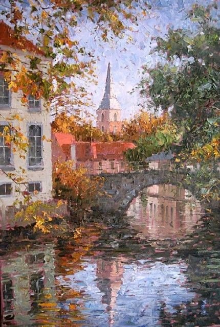 Мост - дома, пейзаж, город, река, мост, живопись, вода - оригинал